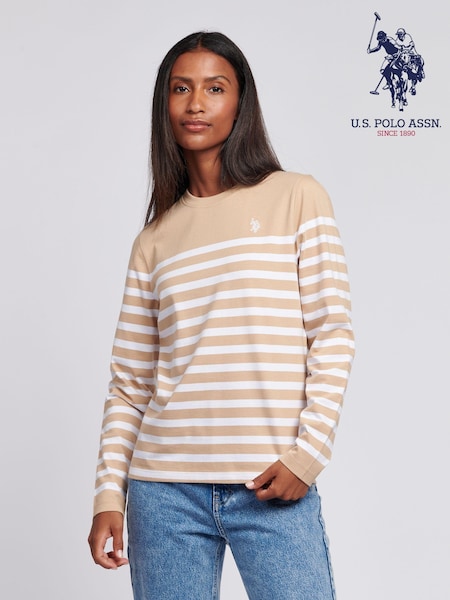U.S. Polo Assn. Natural Womens Stripe Long Sleeve 100% Cotton T-Shirt (AC4929) | £35