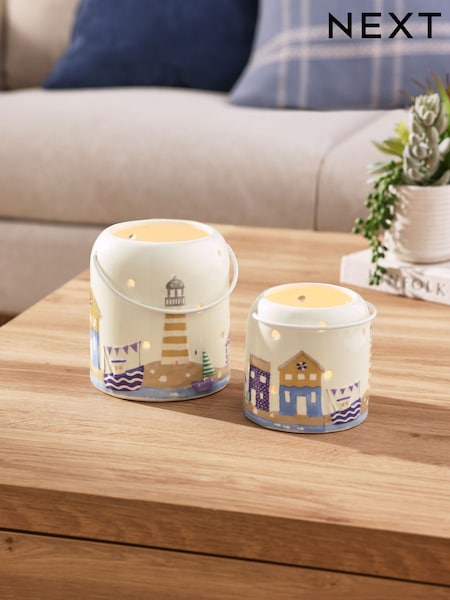 Set of 2 Blue/White Ceramic Beach Hut Tea Light Holders (AC5101) | £18