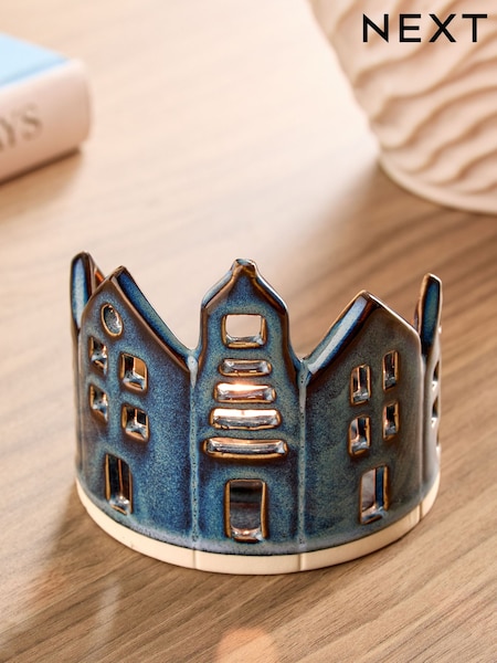 Blue Ceramic House Scene Tea Light Holder (AC5104) | £10