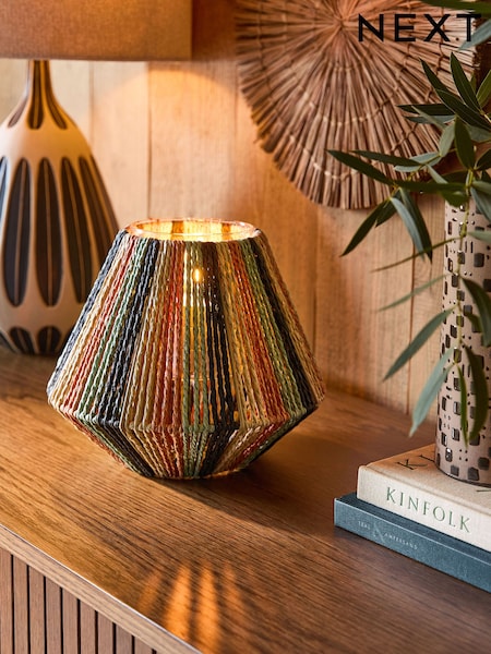 Brown/Orange/Blue Striped Woven Hurricane Candle Holder (AC5108) | £32