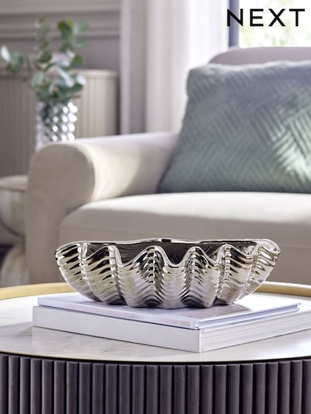 Silver Ceramic Clam Shell Decorative Bowl (AC5243) | £20