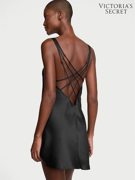 Victoria's Secret Black Shine Strappy Back Satin Slip Dress (AC5265) | £69