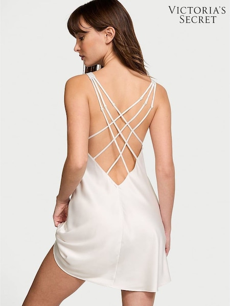 Victoria's Secret White Shine Strappy Back Satin Slip Dress (AC5279) | £69