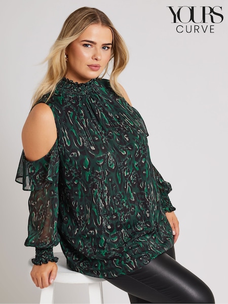 Yours Curve Green London Cold Shoulder Shirred Detail Blouse (AC5302) | £42