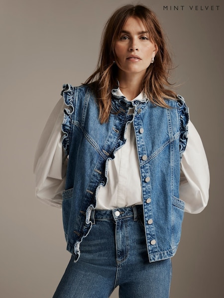 Mint Velvet Blue Denim Ruffle Gilet (AC5543) | £110