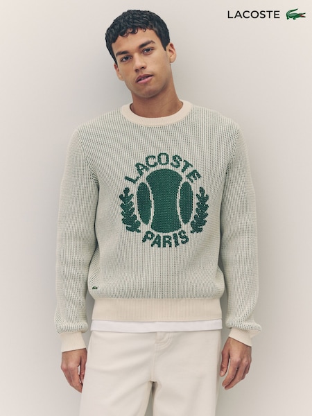 Lacoste Cream Ribbed Jacquard Chunky Cotton Crew Neck Sweater (AC5669) | £160