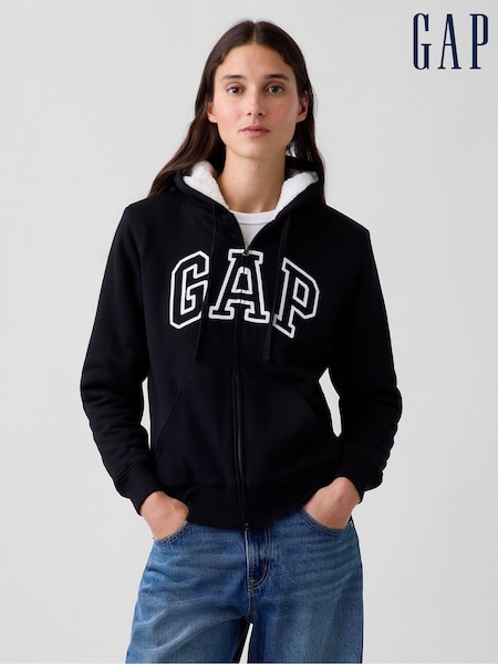 Black - Gap Relaxed Logo Sherpa-lined Zip-up Hoodie