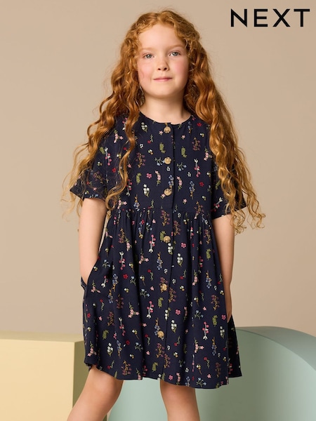 Navy Blue Floral Button Summer Dress (3-16yrs) (AC6218) | £12 - £17