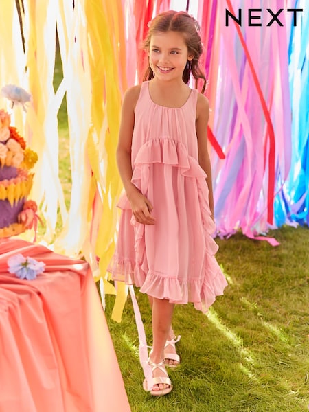 Pink Chiffon Ruffle Summer Dress (3-16yrs) (AC6232) | £21 - £27