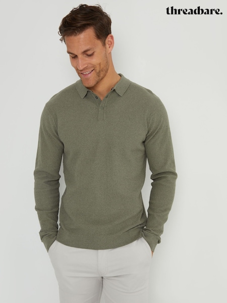 Threadbare Green Long Sleeve Textured Knitted Polo Shirt (AC6569) | £24