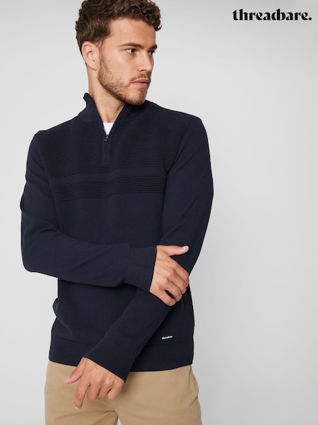 Threadbare Navy Rib Detail Knitted Quarter Zip Jumper (AC6578) | £24