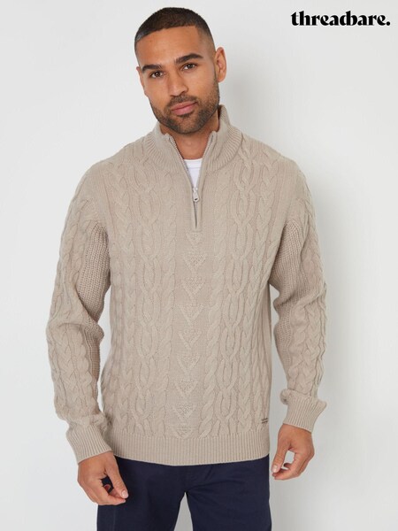 Threadbare Neutral Cable Knit Quarter Zip Jumper With Wool (AC6584) | £28