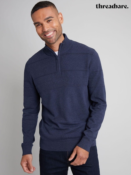 Threadbare Blue Textured Stripe Detail Quarter Zip Jumper (AC6657) | £24