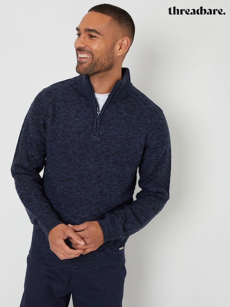 Threadbare Navy Blue Textured Quarter Zip Jumper With Wool (AC6669) | £28