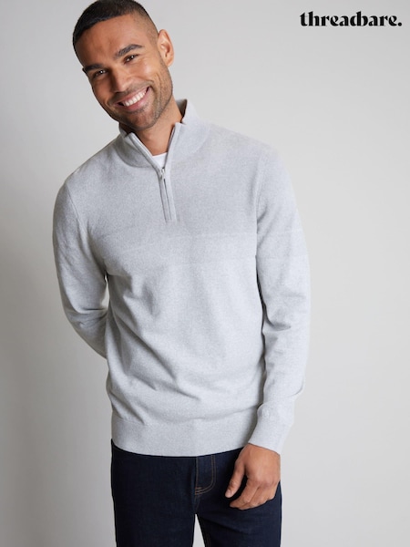 Threadbare Grey Textured Stripe Detail Quarter Zip Jumper (AC6692) | £24