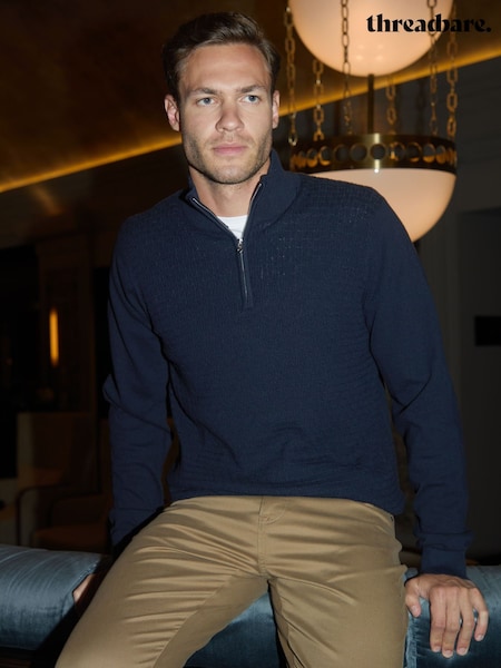 Threadbare Blue Mini Cable Knit Quarter Zip Jumper (AC6703) | £24