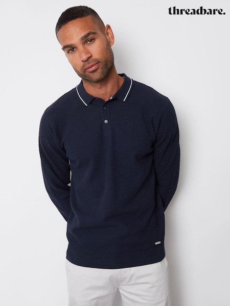 Threadbare Navy Blue Textured Knitted Long Sleeve Polo Jumper (AC6705) | £24