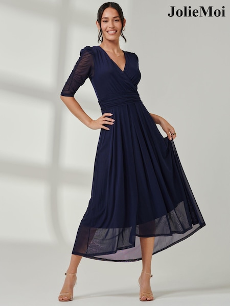 Jolie Moi Blue Aneissa Ruched Sleeve Mesh Maxi Dress (AC6932) | £79