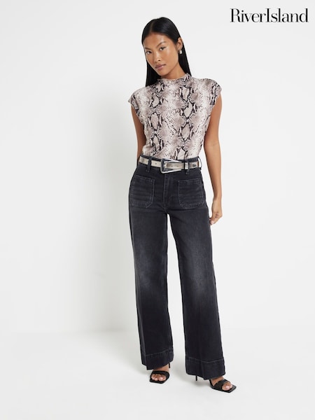River Island Black Petite High Rise Wide Leg 100% Cotton Jeans (AC7335) | £50