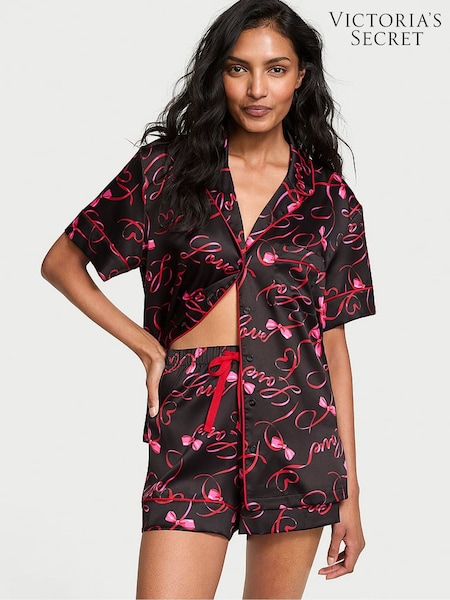 Victoria's Secret Black Love Script Satin Short Pyjama Set. (AC7510) | £65