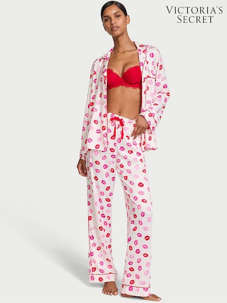 Victoria's Secret Coconut White/ Lipstick Pink Kisses Satin Long Pyjama Set (AC7521) | £69