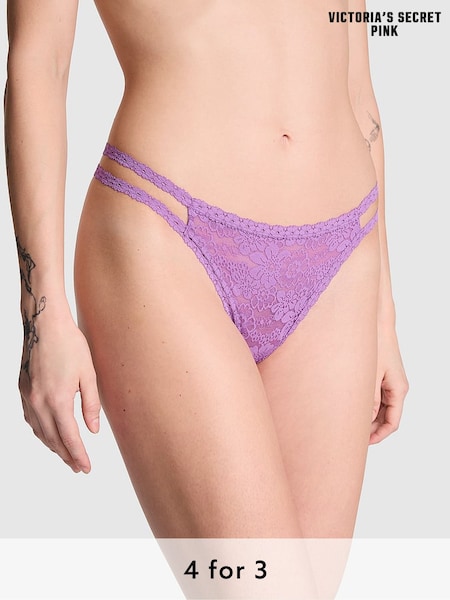 Victoria's Secret PINK Grape Taffy Purple Double Strap Thong Floral Lace Knickers (AC7538) | £9