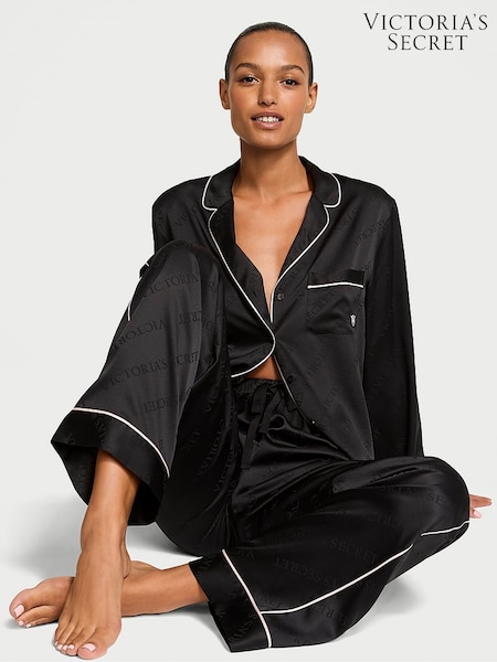 Victoria's Secret Black Diagonal Logo Satin Long Pyjama Set (AC7552) | £69