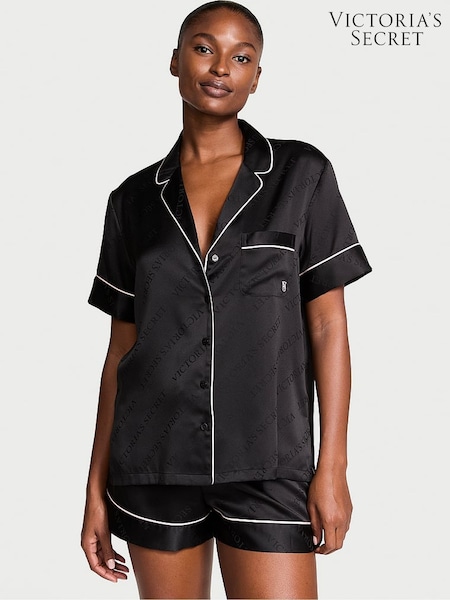 Victoria's Secret Black Diagonal Logo Satin Short Pyjama Set (AC7559) | £65