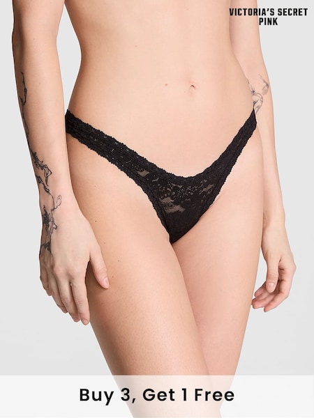 Victoria's Secret PINK Black Mini Scoop Thong Floral Lace Knickers (AC7572) | £9
