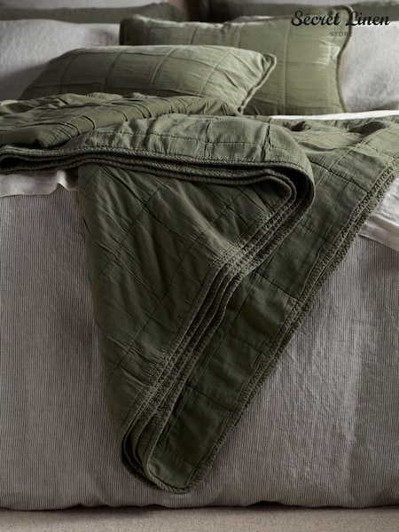 Secret Linen Store Olive Green Finn 100% Cotton Quilted Throw (AC7851) | £139