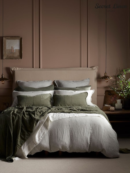 Secret Linen Store Olive Green Sid Stripe 100% Linen Duvet Cover (AC7868) | £125 - £209