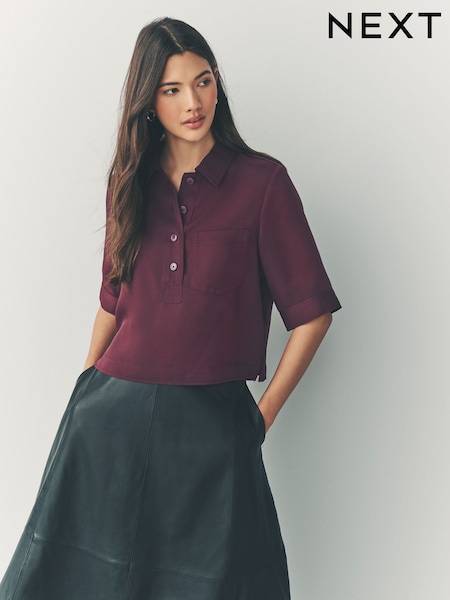 Burgundy Red Crepe Short Sleeve Polo Shirt (AC8273) | £38