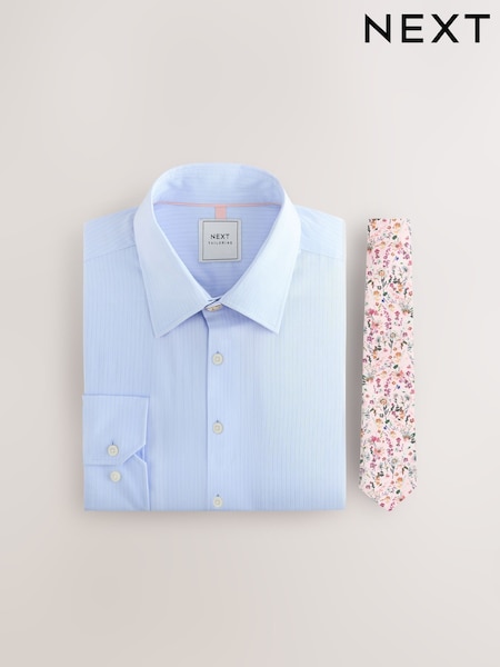 Blue Self Stripe / Pink Floral Tie Slim Fit Occasion Shirt And Tie Pack (AC8819) | £36
