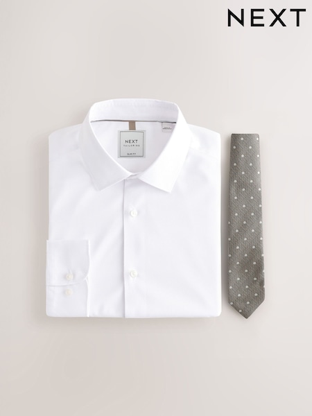White/Neutral Polka Dot Slim Fit Occasion Shirt And Tie Pack (AC8820) | £36