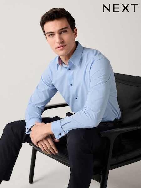 Blue Slim Fit Trimmed Easy Care Double Cuff Shirt (AC8830) | £32