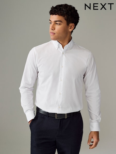 White Button Down Collar Regular Fit Easy Care Single Cuff Smart Shirt (AC8834) | £20