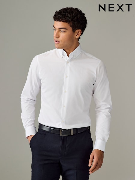White Button Down Collar Slim Fit Easy Care Single Cuff Smart Shirt (AC8838) | £20