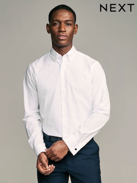 White Button Down Collar Slim Fit Easy Care Double Cuff Smart Shirt (AC8843) | £20