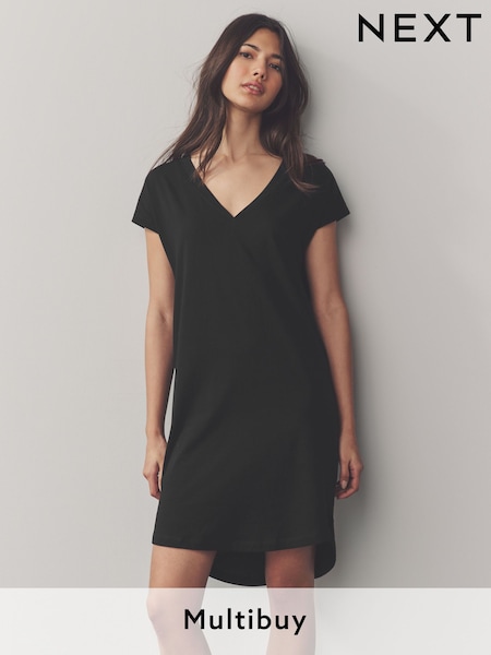 Black 100% Cotton Cap Sleeve V-Neck Mini Dress (AC8848) | £10