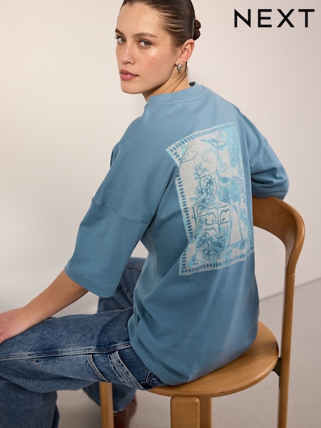 Back Graphic Tonal Blue Heron Print 100% Cotton Relaxed Fit Heavyweight Longline Crew Neck T-Shirt (AC8865) | £15