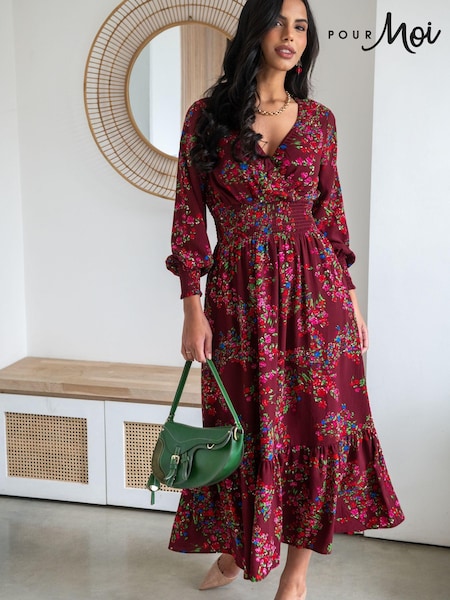 Pour Moi Red Carmen Fuller Bust Woven Elasticated Neckline Long Sleeve Midaxi Dress (AC8922) | £55