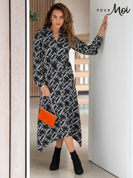 Pour Moi Black Venetia Jersey Hanky Hem Collared Midi Dress (AC8924) | £49