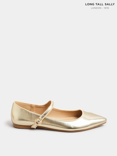 Long Tall Sally Gold Flat Point Mary Jane Shoes (AC9016) | £42