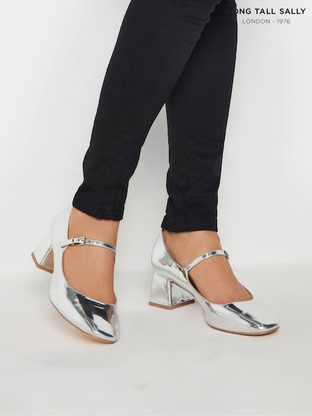 Long Tall Sally Silver Mid Block Mary Jane Shoes (AC9029) | £50
