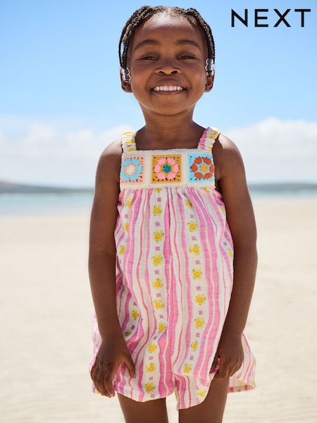 Pink Stripe Flower Crochet Playsuit (3mths-10yrs) (AC9237) | £18 - £24