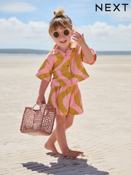 Pink/Ochre Yellow 100% Cotton Shirt And Shorts Co-Ord Set (3mths-10yrs) (AC9243) | £14 - £20