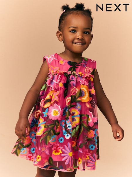 Bright Pink Embroidered Party Dress (3mths-8yrs) (AC9266) | £40 - £46