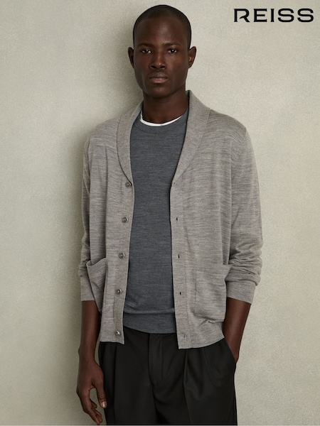 Reiss Warm Grey Melange Taunton Merino Wool Shawl-Collar Cardigan (AC9319) | £118