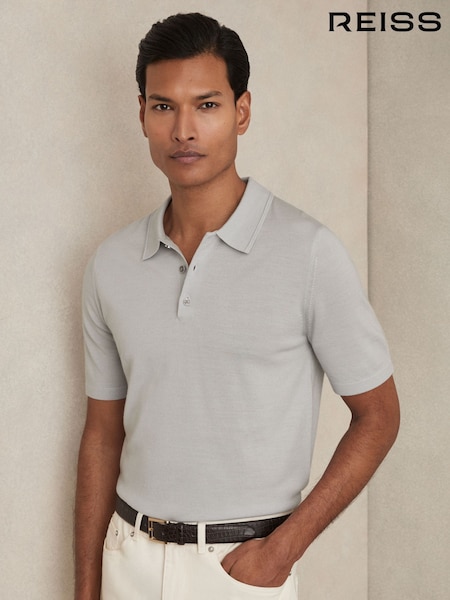 Reiss Iced Blue Manor Merino Wool Short-Sleeve Polo Shirt (AC9326) | £88