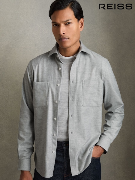 Reiss Soft Grey Melange Crawford Twin-Pocket Button-Through Overshirt (AC9361) | £118